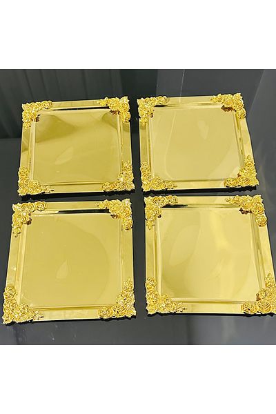 USD HOME Ανοξείδωτος τετράγωνος χρυσός δίσκος σερβιρίσματος καφέ με 4 χρυσά γωνιακά αξεσουάρ λουλουδιών