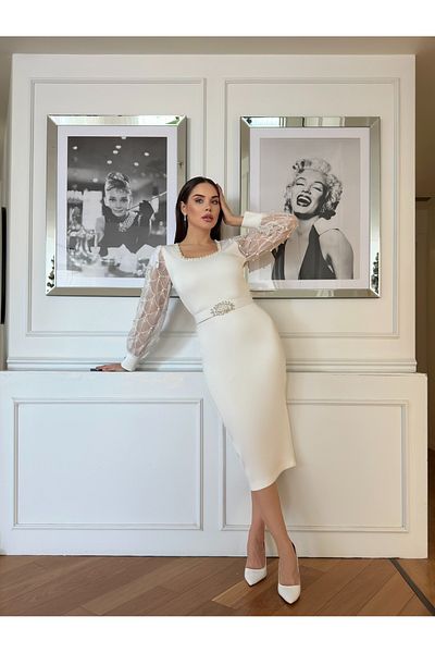 1Moda1Tarz Γυναικείο Εισαγόμενο Υφασμάτινο Σκούμπα Μπούστο Πέτρινο Μανίκι Σιφόν Πέρλα Κεντημένη Ζώνη Λεπτομέρεια Φόρεμα Ειδικού Σχεδιασμού με Φόδρα