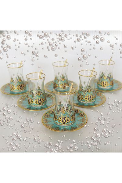 SAMSA Pearl Gold Colored Model Pasabahce Saddlebag Glass Cup Plate 6-Person Tea Set