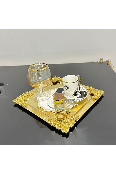 USD HOME Ανοξείδωτος τετράγωνος χρυσός δίσκος σερβιρίσματος καφέ με 4 χρυσά γωνιακά αξεσουάρ λουλουδιών