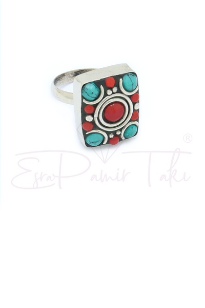 Silver Handmade Authentic Nepal Ring with Turquoise  and Coral Gemstone