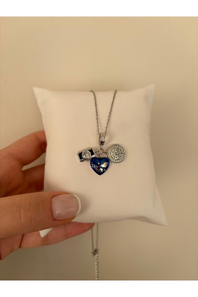 LARİS ACCESSORİES Kalpli Dünya Pusula Charmlı Silver Seyahat Çelik Kolye