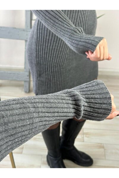 Kate Kadın Gri Balıkçı Yaka Fitilli Kışlık Triko Elbise Kt0017