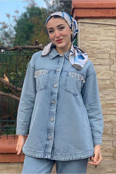 Moda Rosa 25K2258 - Light Blue - Denim Drop Beaded Suit