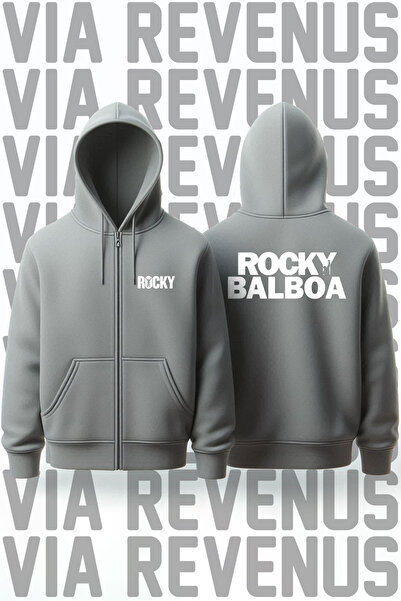 Vordevia سويت شيرت رمادي بغطاء للرأس مطبوع من الأمام والخلف للجنسين من Rocky ...