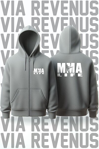 Vordevia MMA Life Μπροστινό και πίσω εμπριμέ Unisex Φούτερ με φερμουάρ και κουκούλα σε γκρι χρώμα