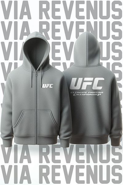 Vordevia Ufc Front and Back Printed Unisex Zippered Hooded Gray Sweatshirt Cardigan
