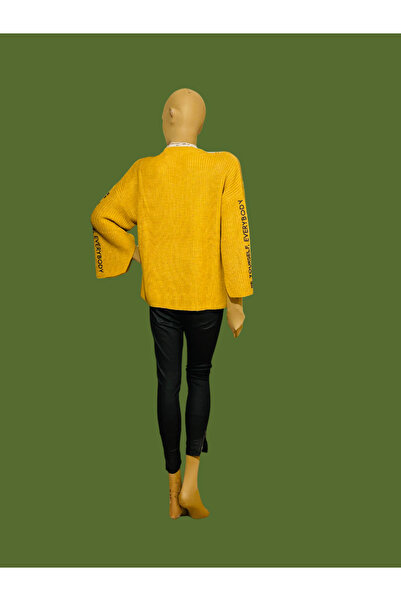 ÖzOksijen Kazak,Hardal Rengi,Viskon-Naylon-Akrilik Karısık Kumas,Kolu Yırtmac ve Yazı Baskı Detaylı,Örme Kazak