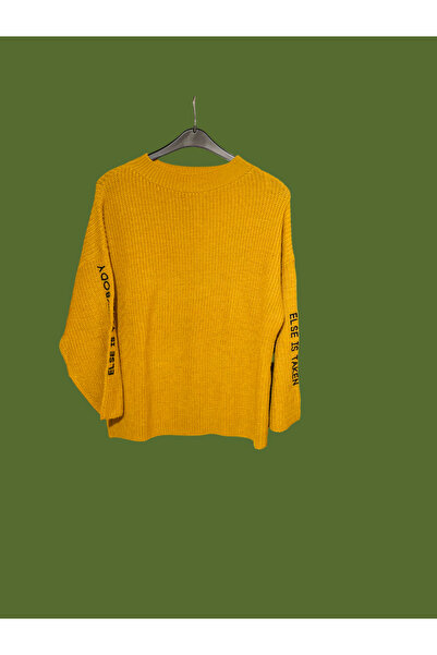 ÖzOksijen Kazak,Hardal Rengi,Viskon-Naylon-Akrilik Karısık Kumas,Kolu Yırtmac ve Yazı Baskı Detaylı,Örme Kazak