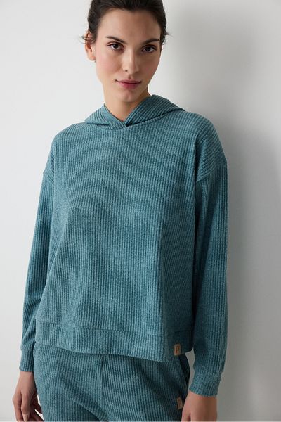Penti Petrolgrünes, geripptes, weiches Sweatshirt mit Kapuze