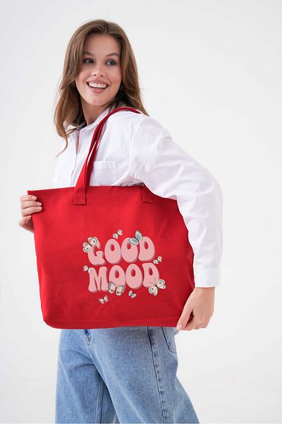 Çınar Bez Çanta Good Mood Printed Red Horizontal Canvas Bag