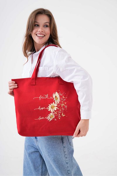 Çınar Bez Çanta Faith Hope Love Printed Red Horizontal Canvas Bag