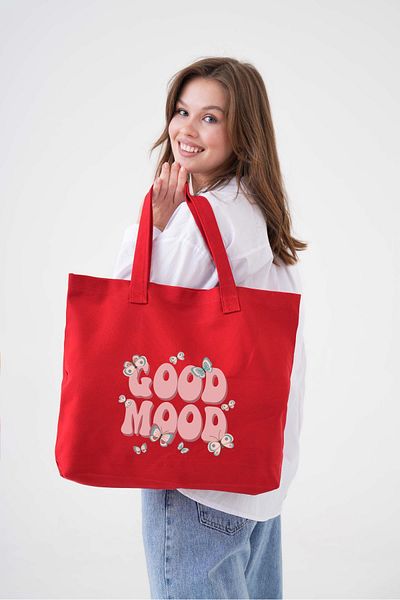 Çınar Bez Çanta Good Mood Printed Red Horizontal Canvas Bag