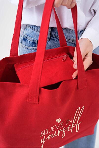 Çınar Bez Çanta Yourself Baskılı KIRMIZI Yatay Kanvas Çanta