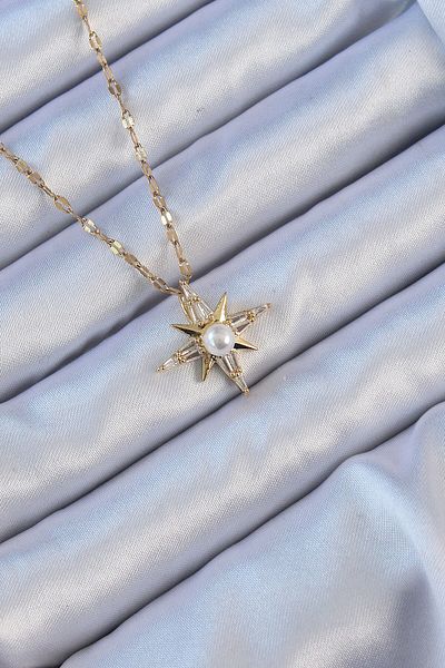 Skygo 316L Steel Chain and Pearl Detailed Baguette Jewelled Star Necklace - Tj-Bko9119