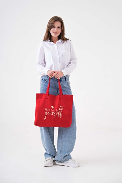 Çınar Bez Çanta Yourself Baskılı KIRMIZI Yatay Kanvas Çanta