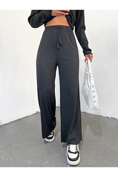 Modamorfo Shabby Corded Fabric Trousers with Lace Detail - Anthracite