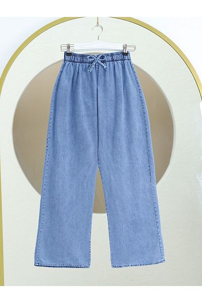 Modamorfo Pantaloni din denim cu talie elastică cu picior largi și detaliu din dantelă - Albastru