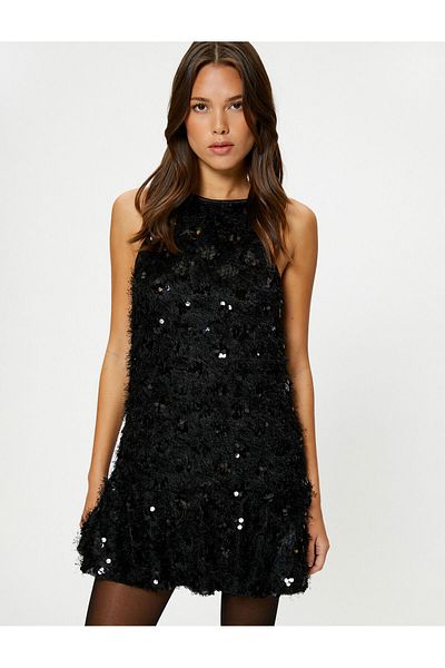Koton Halter Neckline Flounce Mini Dress - Feather Sequined
