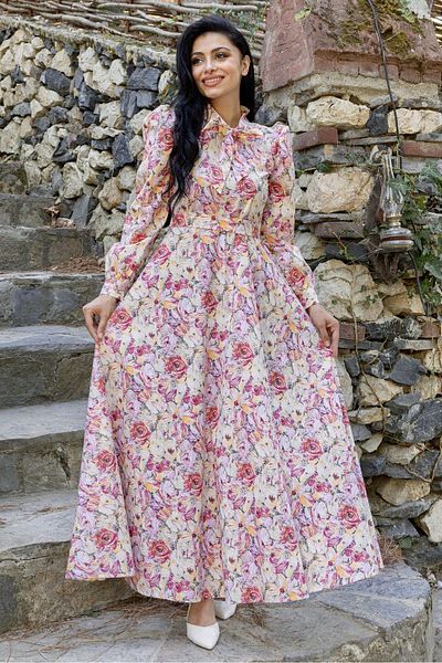 KÜÇÜĞÜM BUTİK Hijab Orange Pastel Floral Halter Neck Flared Dress