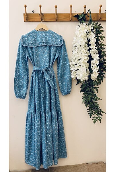 KÜÇÜĞÜM BUTİK Μπλε φόρεμα ποπλίνα με στρώσεις με χιτζάμπ κινητή λαιμόκοψη (ΦΟΡΕΜΑ-ΚΟΛΛΟ)