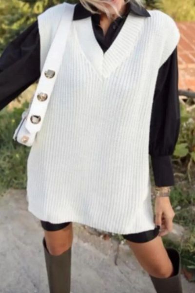 WAPPA Damen-Pullover mit V-Ausschnitt in Ecru, ärmellos, mit Schlitz, Oversize-Pullover