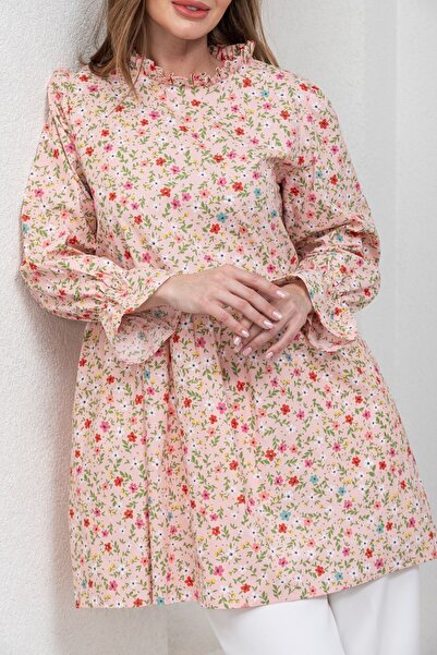 KÜÇÜĞÜM BUTİK Pudra Mini Çiçekli Fırfır Yakalı Poplin Tunik