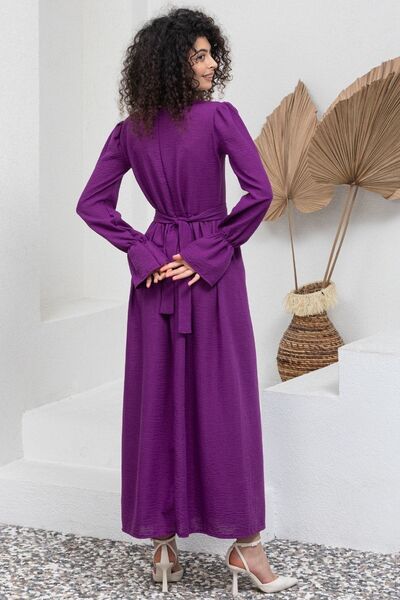 KÜÇÜĞÜM BUTİK Φόρεμα χιτζάμπ μωβ λινό με κορδόνι στη μέση