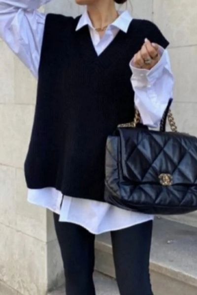 WAPPA Schwarzer Pullover mit V-Ausschnitt für Damen, ärmellos, mit Schlitz, Oversize-Pullover