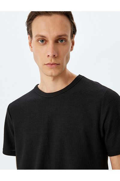Koton Short Sleeve Label Detailed Waffle Texture Black Men's T-Shirt 5Sam10022Hk