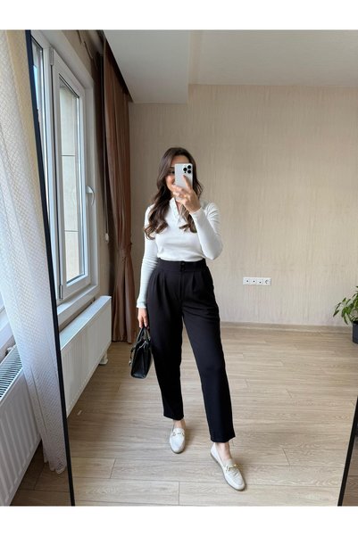 Club Floral Fashıon Women's Double Button Pleated Carrot Mold Full Lycra Casual Black Pants