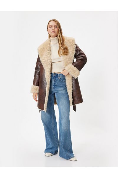 Koton Faux Leather Oversize Coat - Fur Collar, Belt and Pockets