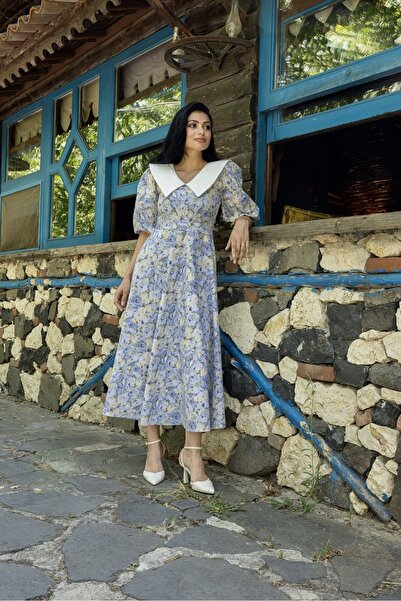 KÜÇÜĞÜM BUTİK Kék pasztell virágos léggömb ujjú kiszélesedő ruha gallérral