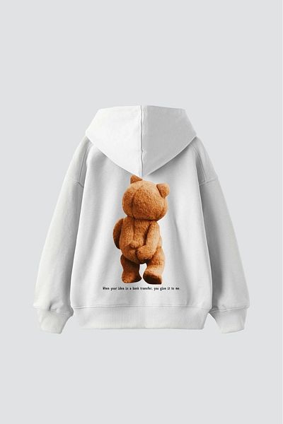 Bak Moda Bear Back Printed Oversize Unisex Λευκό Hoodie