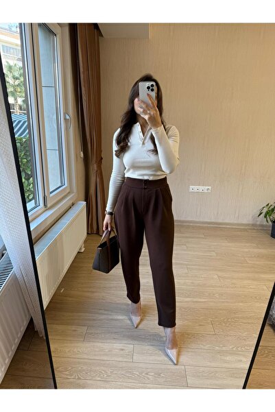 Club Floral Fashıon Kadın Çift Düğme Pileli Havuç Kalıp Full Likra Günlük Kahverengi Pantolon