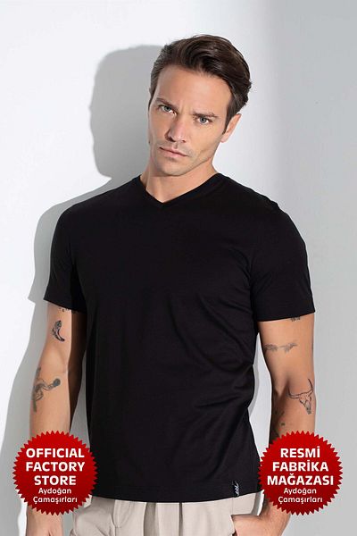 Aydoğan Ανδρικό T-Shirt με λαιμόκοψη V κοντό μανίκι μαύρο - 103 - Aydogan ®