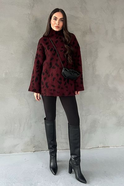 Seda Yalçın Atelier Burgundy Leopard Pattern Half Fisherman Knitwear Sweater