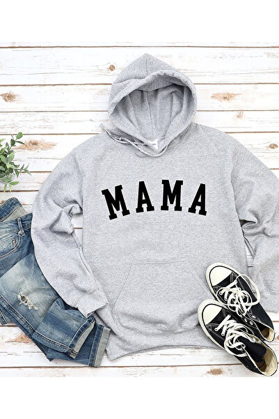 SUNFREE سويت شيرت بغطاء رأس رمادي مطبوع من ماما