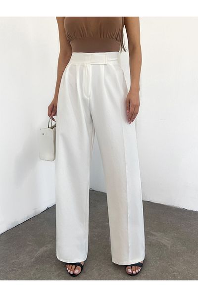 Modamorfo Pleated Wide Leg Trousers with Velcro Belt - White