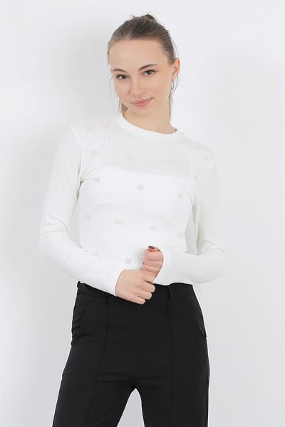 GİYSA Women's Crew Neck Floral Pearls Long Sleeve Blouse White - 5988