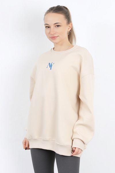 GİYSA Beige Oversize Sweatshirt - Ny Embroidered, Crew Neck, 3 Thread Raised 9005