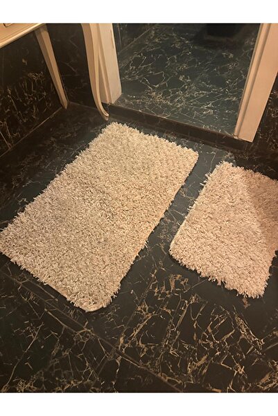 Halımax Cream Shaggy Set of 2 Bath Mat - 40X60Cm and 60X100Cm Mat