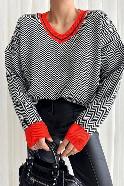 bayansepeti Striped Pattern V-Neck Knitwear Sweater 0199