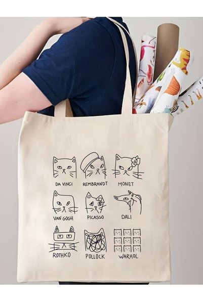 Cemira Art Cat, Geantă tote din pânză groasă cu design Pisici Artistice, Geantă din pânză, Geantă de cumpărături, Geantă din pânză