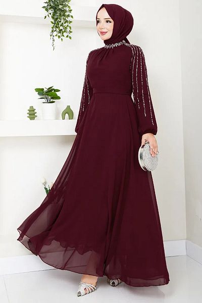 Tesettür Diyarı Burgundy Evening Dress - Sleeve and Neckline Embroidered