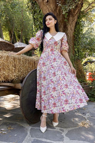 KÜÇÜĞÜM BUTİK Rochie evazată cu mânecă cu balon, portocaliu pastel, cu guler