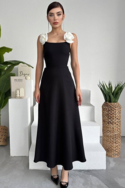 Secret Passion Lingerie Siyah Atlas Kumaş Straplez Yaka Gül Aksesuarlı Askılı Maxi Abiye Elbise 258