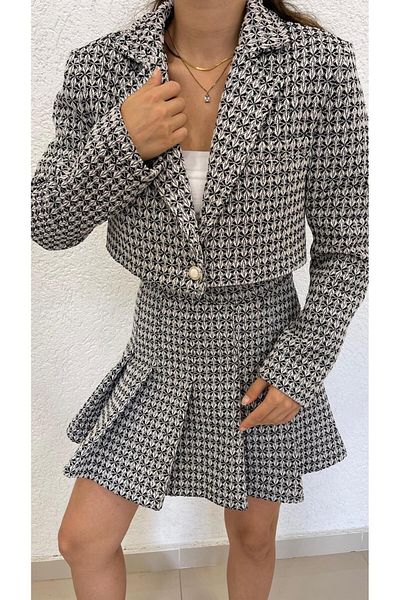 MODA Women's Black Chanel Fabric Short Jacket and Pleated Skirt Set