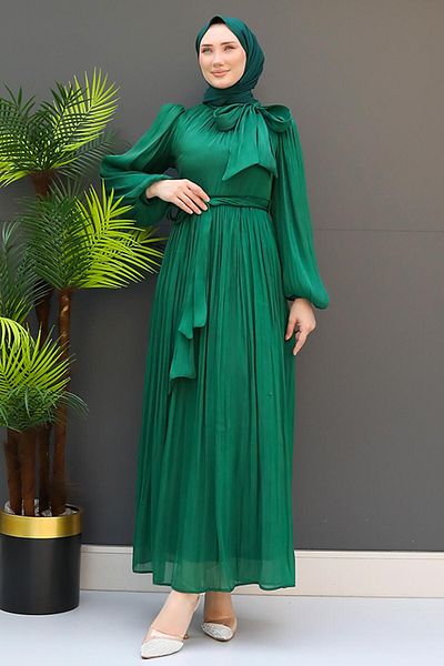 GİZ AGİYİM Rochie de mătase smarald - cravată pe gât