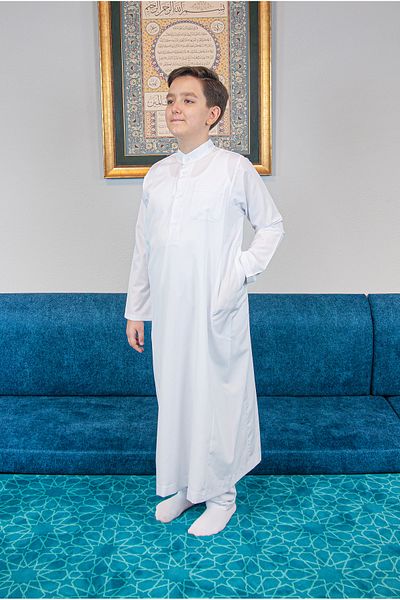 ihvanonline Boy's Hajj Umrah Judge Collar Fistan Trousers Double Set - White